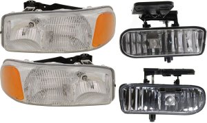 Headlight Assembly for 1999-2002 GMC Sierra and 2000-2006 Yukon, Right (Passenger) and Left (Driver), 4-Piece Kit, Halogen, with Fog Lights, Replacement