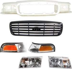 6-Piece Header Panel Kit for Ford Crown Victoria 1998-2011 Sedan with Corner Lights, Grille, and Headlights, Replacement