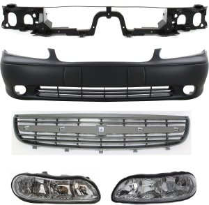 Front Bumper Cover Kit for 2000-2003 Chevrolet Malibu/2004-2005 Classic, 5-Piece Set with Grille Assembly, Header Panel and Headlights, Replacement