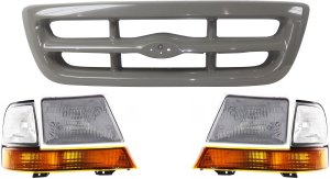 Headlight Assembly for Ford Ranger 1998-2000, Right (Passenger) and Left (Driver), Halogen, 5-Piece Kit with Corner Lights and Grille Assembly, Replacement