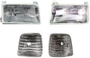 Headlight Assembly Kit for Ford F-Series 1992-1997, Right (Passenger) and Left (Driver), Halogen, 4-Piece Kit with Corner Lights, Replacement - fits F-150, F-250, F-350.