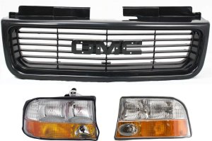 Headlight Assembly Kit for GMC Jimmy 1998-2005/Sonoma 1998-2004, Right (Passenger) and Left (Driver) Sides, Halogen, 3-Piece Set, Includes Grille, Replacement
