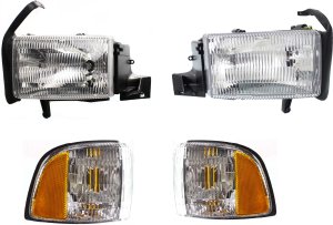 Headlight Assembly Kit for Dodge Full Size Pickup 1994-2002 Right (Passenger) and Left (Driver), 4-Piece Halogen Kit, with Corner Lights Replacement