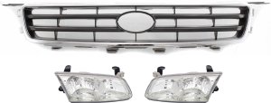 Headlight Assembly Kit for Toyota Camry 2000-2001, Right (Passenger) and Left (Driver), Halogen, 3-Piece with Grille Assembly, Replacement