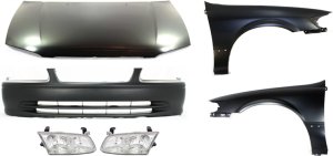 Hood Panel Kit for 2000-2001 Toyota Camry, 6-Piece Set, USA Built, with Bumper Cover, Fenders, and Headlights, Replacement