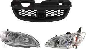 Headlight Kit for 2004-2005 Honda Civic, Right (Passenger) & Left (Driver) Halogen Lights, Lens and Housing, 3-Piece with Grille Assembly - Replacement 