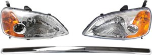 Headlight Assembly Kit for Honda Civic 2001-2003, Right (Passenger) and Left (Driver) Halogen Light, 3-Piece with Hood Molding, Replacement