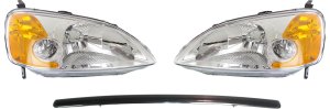 Headlight Kit for 2001-2003 Honda Civic, Right (Passenger) and Left (Driver), Lens and Housing, Halogen, with Hood Molding, 3-Piece Replacement Set