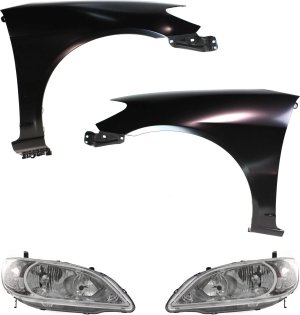 Headlight Kit for 2004-2005 Honda Civic, Includes Right (Passenger) and Left (Driver) Lenses and Housings, Halogen, 4-Piece Kit with Fenders, Replacement