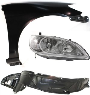 Headlight Kit for 2004-2005 Honda Civic, Right (Passenger), Lens and Housing, Halogen, 3-Piece Set with Fender and Fender Liner, Replacement
