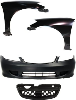 Front Bumper Cover Kit for 2004-2005 Honda Civic, 4-Piece with Fenders and Grille Assembly, Coupe, Replacement