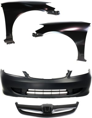Front Bumper Cover Kit for 2004-2005 Honda Civic Sedan, Includes 4-Piece Fenders and Grille Assembly Replacement
