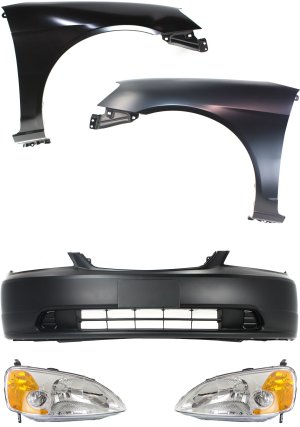 Headlight Kit for 2001-2003 Honda Civic, Right (Passenger) and Left (Driver), Lens and Housing, Halogen, 5-Piece with Bumper Cover and Fenders, Replacement