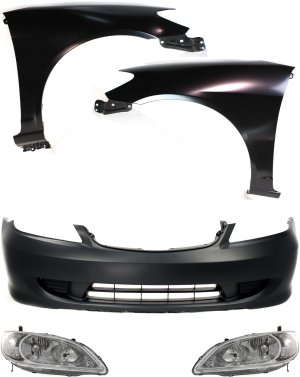 Headlight Replacement Kit for 2004-2005 Honda Civic, includes Right (Passenger) and Left (Driver) Halogen Lights, Lens and Housing, 5-Piece Kit with Bumper Cover and Fenders