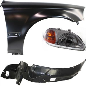 Headlight Kit for 1996-1998 Honda Civic, Right (Passenger) Side, Includes Lens and Housing, Halogen Light, 3-Piece Kit with Fender and Fender Liner, Replacement