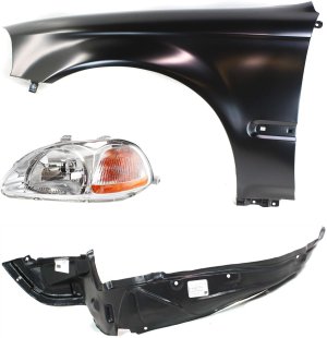 Headlight Kit for 1996-1998 Honda Civic, Left (Driver) Side, Lens and Housing, Halogen, 3-Piece Kit, with Fender and Fender Liner, Replacement