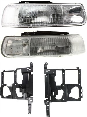 Headlight Assembly Kit for Chevrolet Silverado 1500/2500 1999-2002, Tahoe 2000-2006, with Right (Passenger) and Left (Driver) Halogen Lights, 4-Piece kit with Headlight Brackets, Replacement