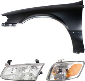Front Fender Left (Driver) for 2000-2001 Toyota Camry, 3-Piece Kit with Left (Driver) Side Corner Light and Headlight, Replacement