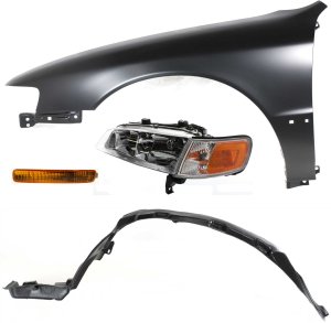 Headlight Assembly Kit for Honda Accord 1996-1997, Left (Driver) Side, Halogen, 4-Piece with Fender, Fender Liner, and Turn Signal Light, Replacement