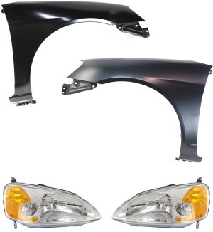Headlight Lens and Housing Kit for 2001-2003 Honda Civic, Right (Passenger) and Left (Driver), Halogen, with Fenders, 4-Piece Set, Replacement