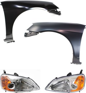 Headlight Assembly Kit for 2001-2003 Honda Civic with Right (Passenger) and Left (Driver) Halogen Lights, 4-Piece Kit Includes Fenders - Replacement Part