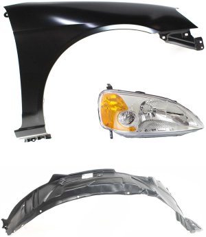 Headlight Kit for 2001-2003 Honda Civic, Right (Passenger) Side Halogen Lens and Housing, Includes Fender and Fender Liner, 3-Piece Set Replacement