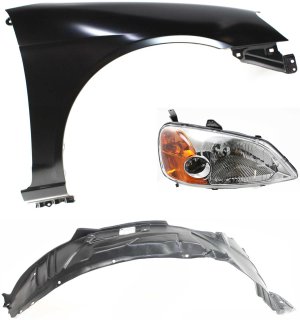 Headlight Assembly Kit for 2001-2003 Honda Civic, Right (Passenger) Halogen Light, 3-Piece with Fender and Fender Liner, Replacement