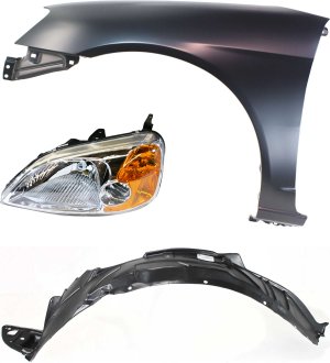 Replacement Headlight Kit for Honda Civic 2001-2003 Left (Driver), Includes Lens and Housing, Halogen, 3-Piece Set, with Fender and Fender Liner