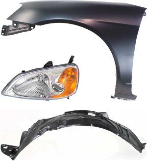 Headlight Assembly for 2001-2003 Honda Civic, Left (Driver) Side, Halogen, 3-Piece Kit with Fender and Fender Liner - Replacement