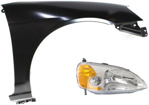 Right (Passenger) Headlight for 2001-2003 Honda Civic, 2-Piece Kit with Lens, Housing, Halogen, and Fender Replacement