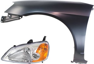 Headlight Assembly Kit for 2001-2003 Honda Civic, Left (Driver) Side, Halogen, 2-Piece Set with Fender, Replacement