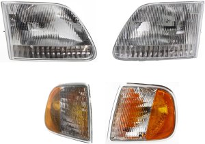 Headlight Kit for Ford F-150 1997-2003, Right (Passenger) and Left (Driver), Includes Bulbs, 4-Piece Set with Corner Lights, Replacement