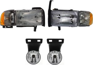 Headlight Kit for Dodge Ram Full Size Pickup 1999-2002, Right (Passenger) and Left (Driver), Includes Bulbs, 4-Piece Kit with Fog Lights, Replacement