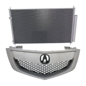 Grille Kit for Acura MDX 2010-2013, 2-Piece, Painted Silver Shell and Insert, with Upper Bar, with Air Conditioning Condenser, Replacement