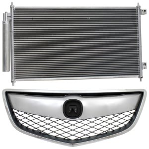 Grille Kit for ACURA RDX 2013-2015, 2-Piece, Chrome Shell/Painted Black Insert, Chrome Upper Bar, with Air Conditioning Condenser, Replacement