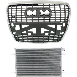 Grille 2-Piece kit for AUDI A6 QUATTRO 2005-2008, A6 2006-2008, Silver Black with Chrome Molding, includes A/C Condenser, Replacement