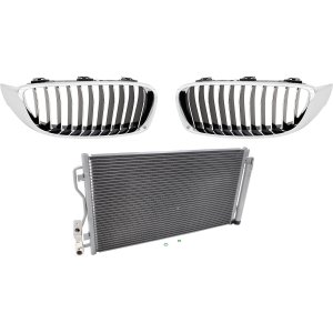 3-Piece Grille Kit for BMW 428I/428I XDRIVE/435I 2014-2016, Right (Passenger) and Left (Driver), Chrome Shell with Textured Black, Chrome Molding & A/C Condenser Replacement