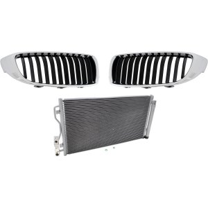3-Piece Kit Grille for BMW 428I/428I XDRIVE/435I (2014-2016), Right (Passenger) and Left (Driver), Chrome Shell with Textured Black, with Chrome Molding, with A/C Condenser Replacement