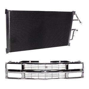 2-Piece Grille Kit for 1994-2000 Chevrolet C2500/C3500/K2500, Chrome Shell and Insert, Cross Bar, with Air Conditioning Condenser Replacement
