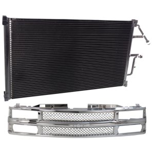 Chrome Shell and Mesh Insert Grille Kit for 1994-2000 Chevrolet C2500/C3500/K2500, with Air Conditioning Condenser, 2-Piece Replacement