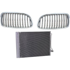 3-Piece Grille Kit for BMW 550I (2011-2016) Right (Passenger) and Left (Driver), Chrome Shell and Insert, Includes Air Conditioning Condenser, Replacement