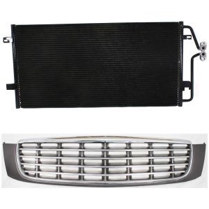 2-Piece Grille Kit for 2000-2005 CADILLAC DEVILLE, Chrome Shell/Painted Gray Plastic Insert, with Air Conditioning Condenser, Replacement