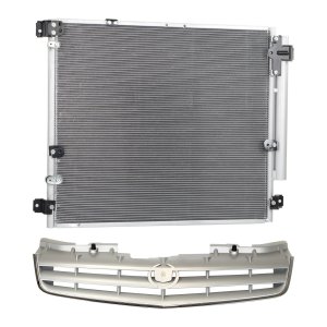 2-Piece Grille Kit for 2005-2007 Cadillac STS with Painted Gray Shell and Insert, accompanied by Air Conditioning Condenser, Replacement