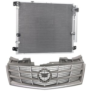 2-Piece Kit Grille for Cadillac STS 2008-2009, Gray Shell and Insert with Air Conditioning Condenser Replacement