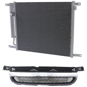 2-Piece Kit Grille for 2009-2011 Chevrolet Aveo, Textured Black Shell and Insert with Air Conditioning Condenser, Replacement 