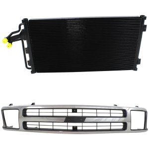 2-Piece Grille Kit for 1995-1997 Chevrolet Blazer, Chrome Shell with Black Insert, with Composite Headlight, with Air Conditioning Condenser Replacement