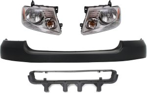 Headlight Assembly Kit for Ford F-150 2004-2006 / Mark LT 2006-2006, Right (Passenger) and Left (Driver), 4-Piece, Halogen, with Bumper Cover and Bumper Grille, Replacement.