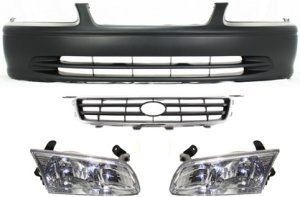 Front Bumper Cover Kit for 2000-2001 Toyota Camry, 4-Piece Set with Grille and Headlights Replacement