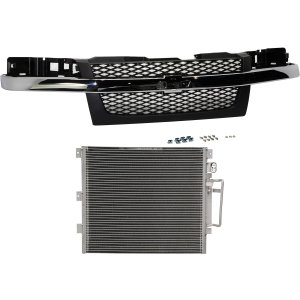 Grille Kit for CHEVROLET COLORADO 2004-2012, 2-Piece Design, Mesh Insert and Textured Dark Gray Shell with Chrome Center Bar, with Air Conditioning Condenser Replacement