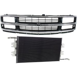 Grille Kit for 1996-2002 Chevrolet Express Van, 2-Piece Chrome Shell with Painted Gray Insert, Composite Headlight, Air Conditioning Condenser Replacement